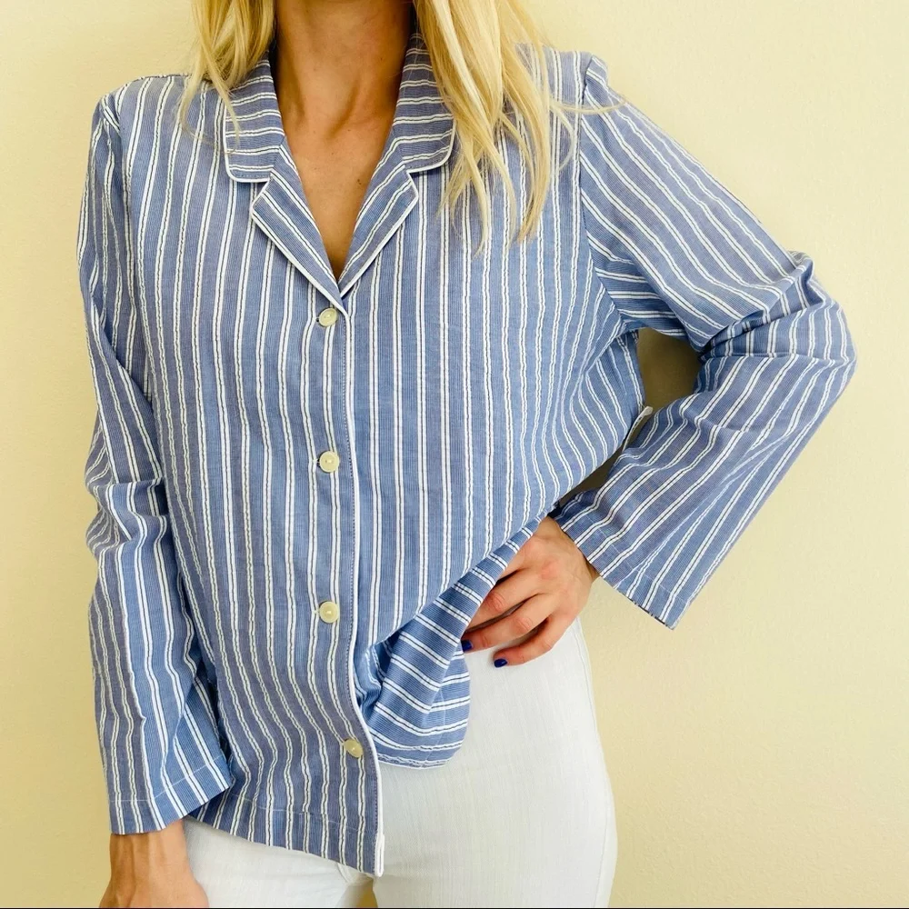 New Love By Gap White Stripe Long Sleeve Notch Button Front Sleepwear Shirt - Picture 2 of 9